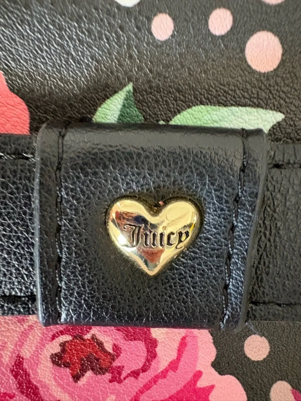 Juicy Couture Black Floral Wristlet Clutch with Pink Roses
